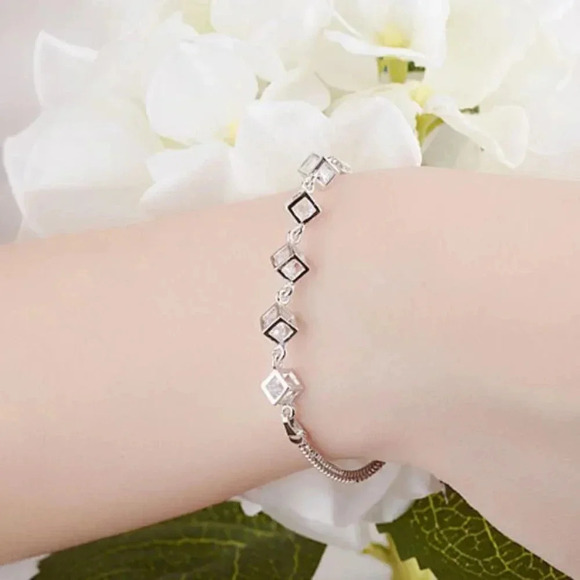 925 Sterling Silver Caged Diamond Cube Bracelet - Picture 2 of 6